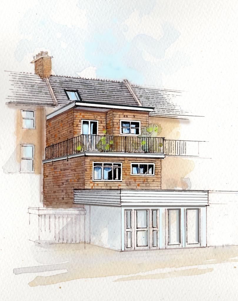 Watercolour of a rear extension with a first-floor balcony